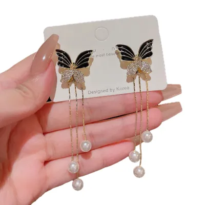 Luxury Black Butterfly Long Tassel Earrings 